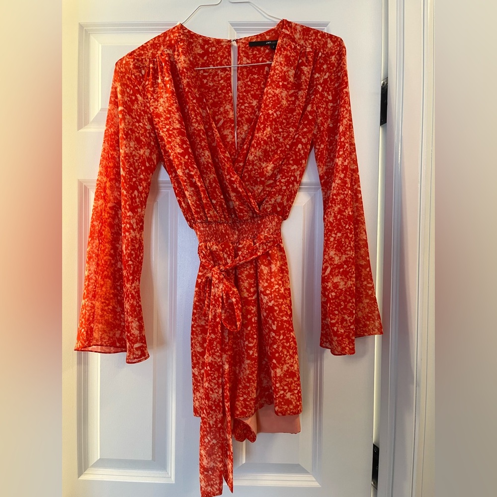 Jay Godfrey flare sleeve printed coral/red romper, lightly worn